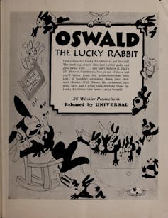 A black and white advert for Oswald the Lucky Rabbit.