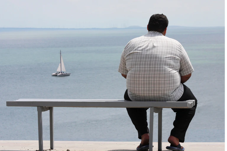 Un homme obèse est assis sur un banc, face à la mer