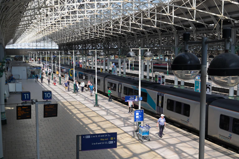 An inside view of Manchester Picadilly train station.