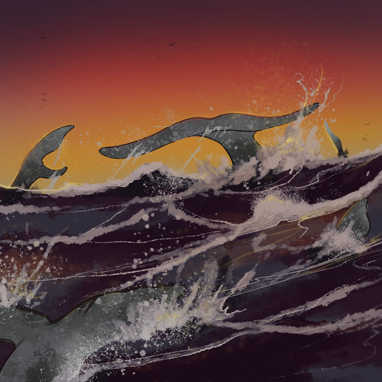 Artwork by Keegan Currier showing a group of whales slapping their tails