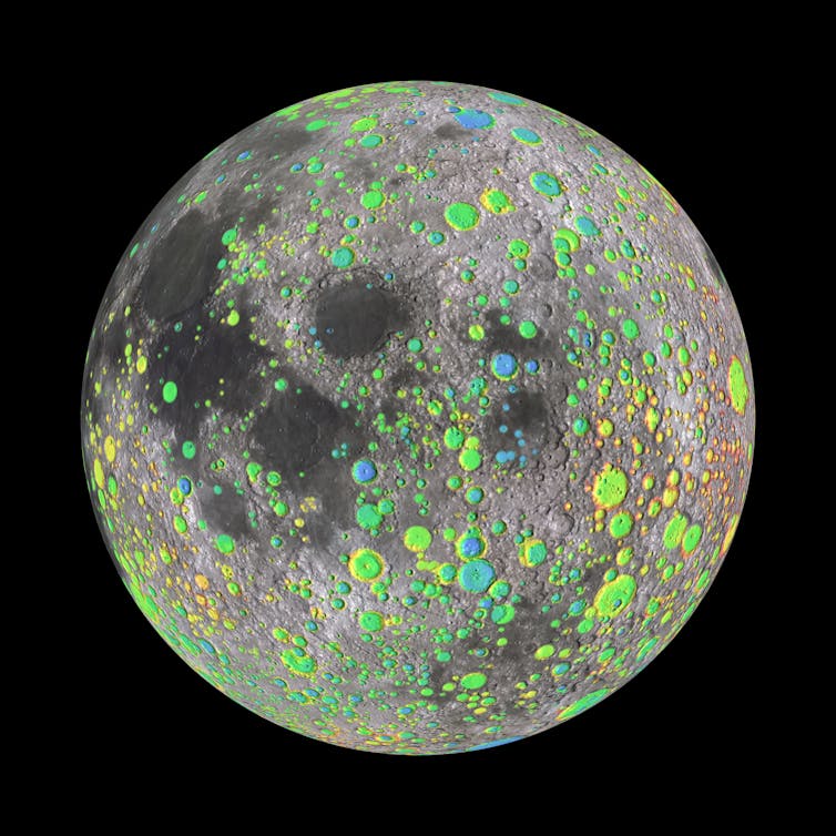 A photo of the Moon with craters highlighted.