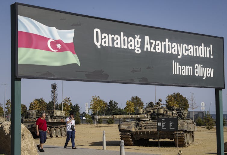 A sign in Azeri advertises the 'Military Trophies Park' in Baku, Azerbaijan.