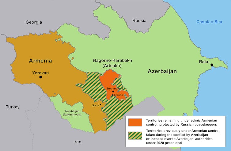 Map of Armenia and Azerbaijan showing Nagorno Karabakh
