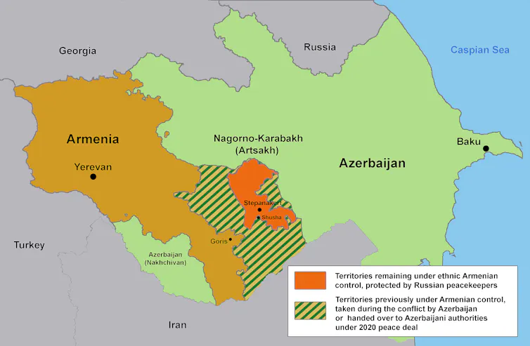 Map of Armenia and Azerbaijan showing Nagorno Karabakh