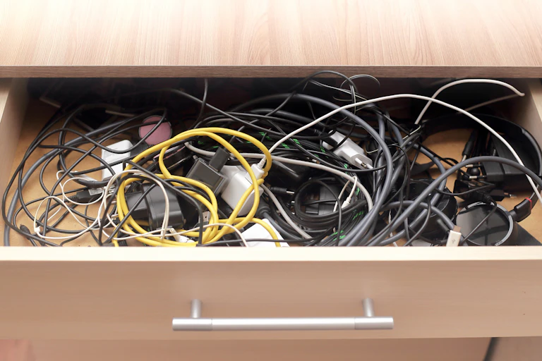 A tangled mess of chargers and wires.