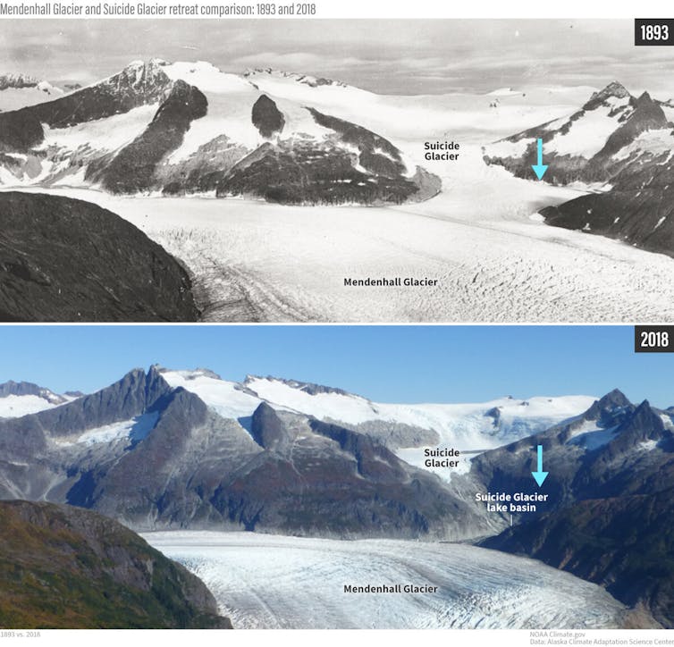 Two photo shows the same scene 125 years apart. The glacier loss is evident, and the lake between Suicide Glacier and Mendenhall Glacier didn't exist in 1983
