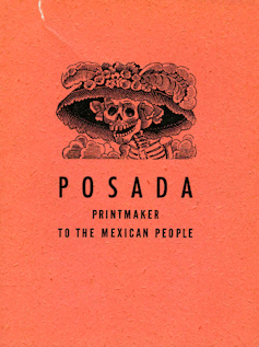 Peach colored program cover featuring a print of a skeleton wearing a lavish hat
