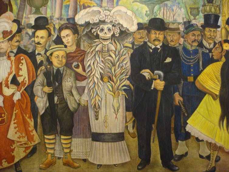 Painting of an elegantly dressed skeleton holding hands with a boy and a man wearing hats.