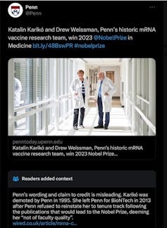 text above and below a photo of two people in lab coats standing in a hallway