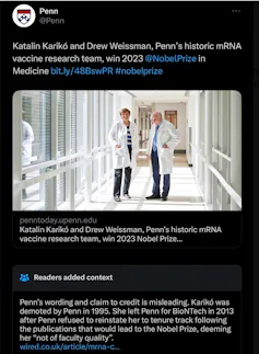 text above and below a photo of two people in lab coats standing in a hallway