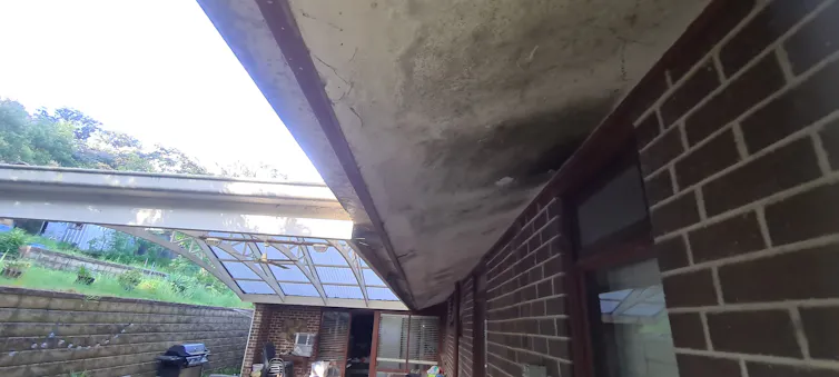 The underside of this roof is mouldy, thanks to bathroom exhaust condensing on the surface.