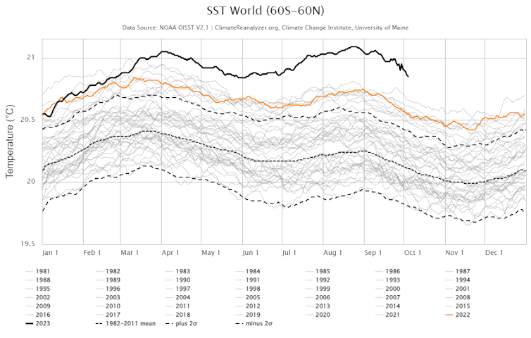 A line chart shows sea surface temperatures by year since 1981.The 2023 line is far above the others.