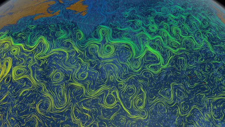 Illlustration showing Earth from space with the ocean filled with complex whorls of current
