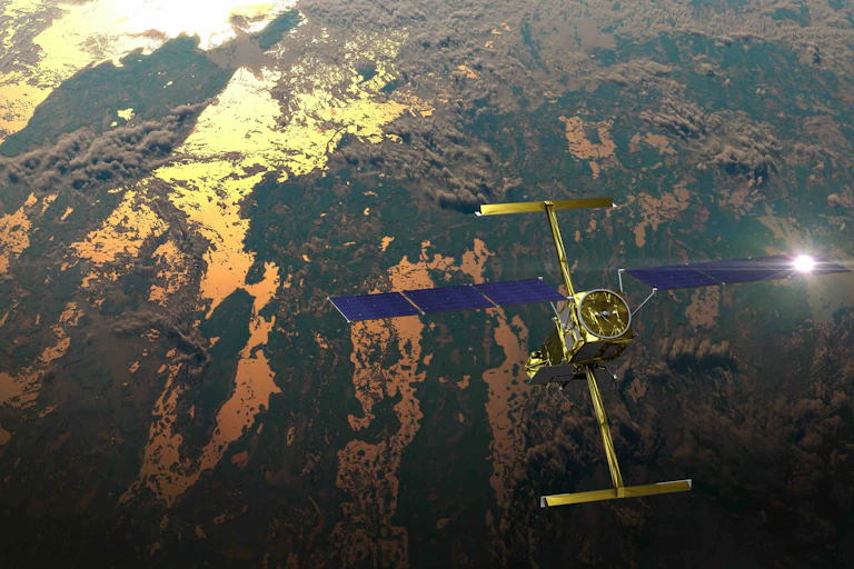 Satellite flying over clouds and ocean