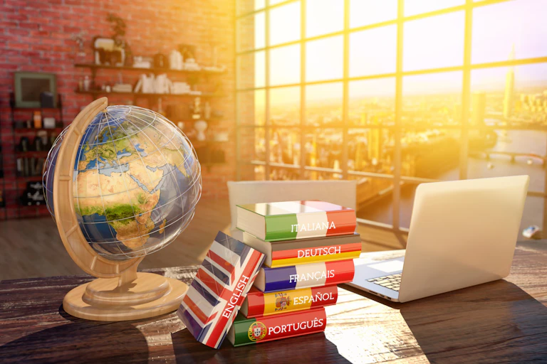 Sobre una mesa encontramos un globo terráqueo, una torre de diccionarios de idiomas y un ordenador portátil, todos bañados por la luz del amanecer.
