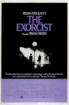 A black and purple film poster of The Exorcist from 1973.