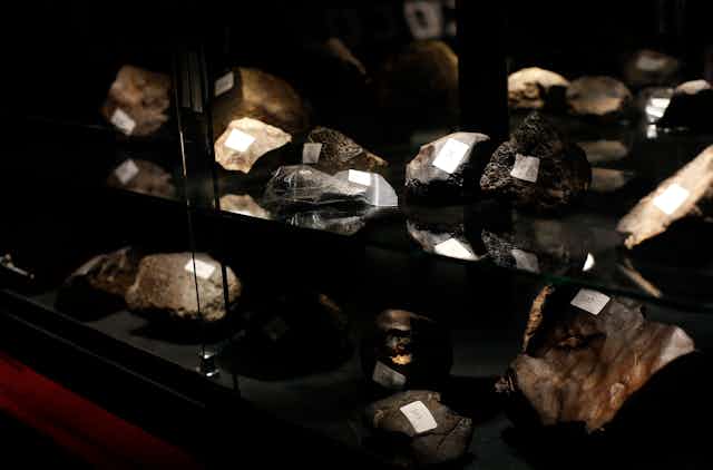 Several small meteorites, which look like shiny rocks, each with a white label, on two black shelves. 