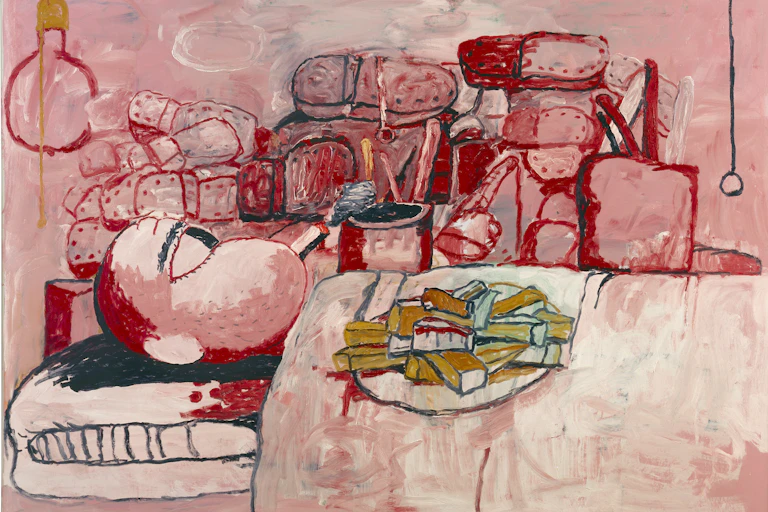 pink toned painting of a man in bed smoking.