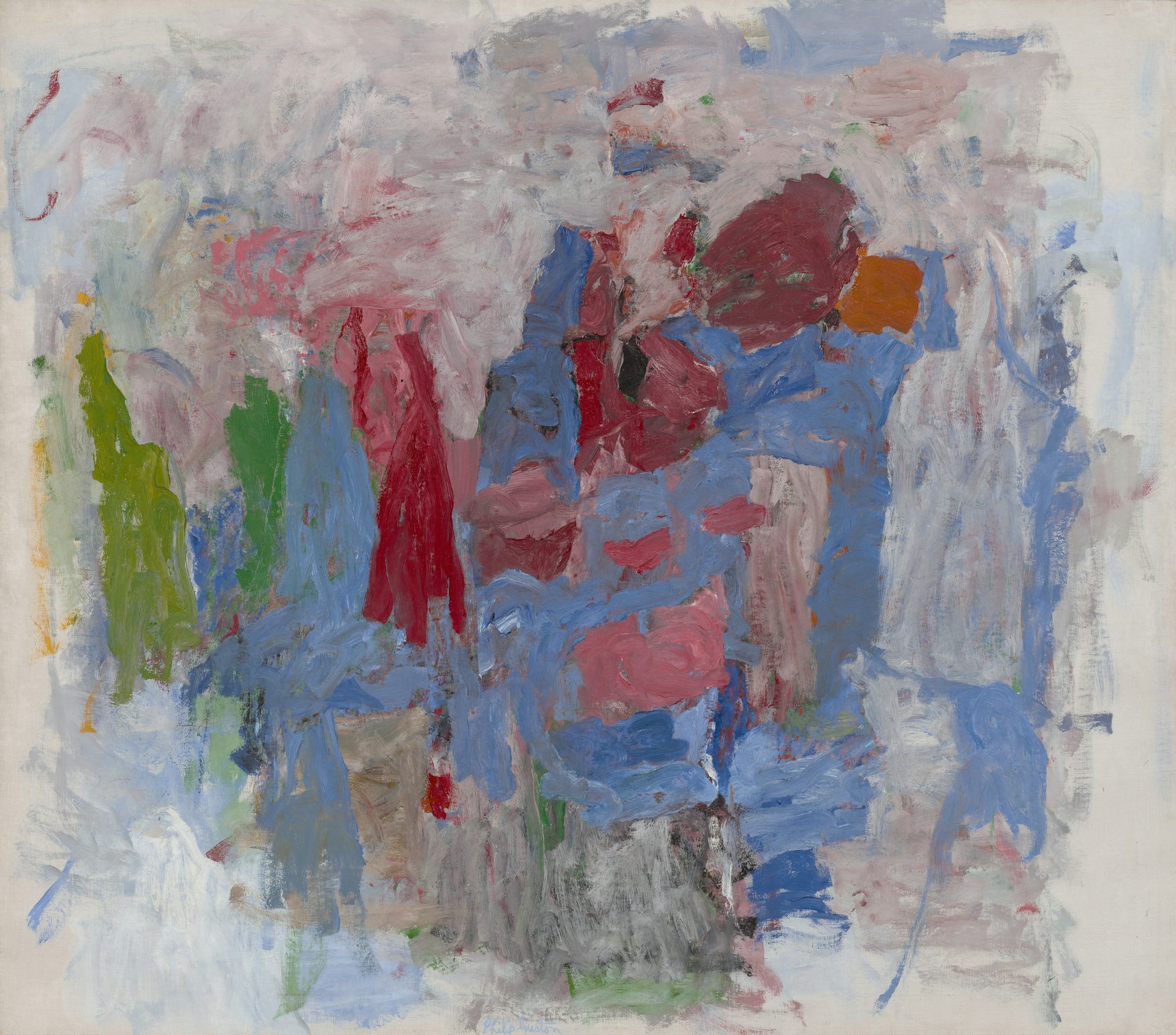 abstract painting in blues and reds