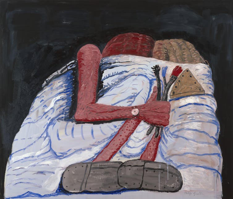 painting of a couple under bed sheets.