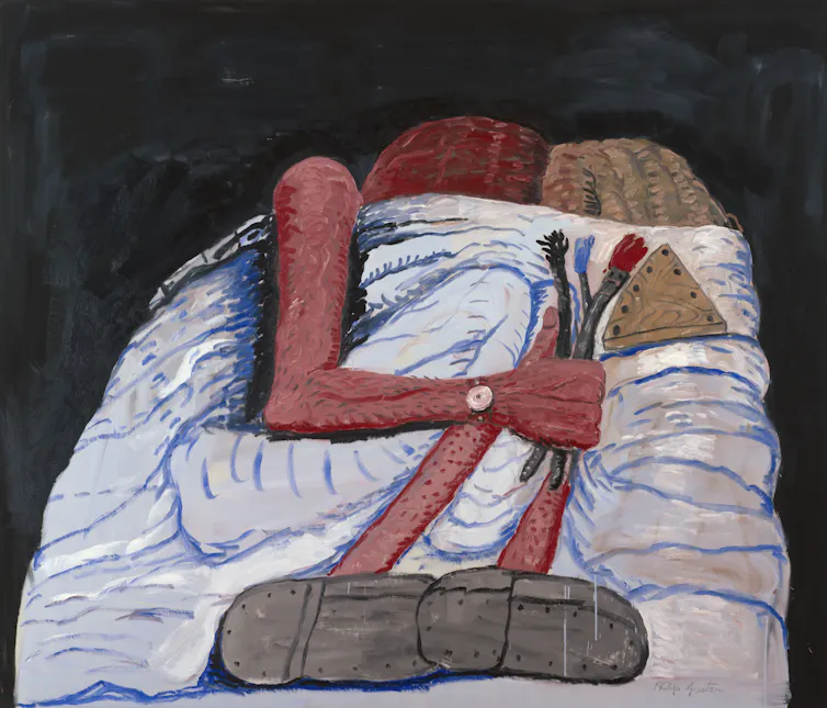 painting of a couple under bed sheets.