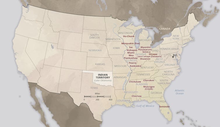 Mapa que muestra las tribus desplazadas del este de EE. UU.
