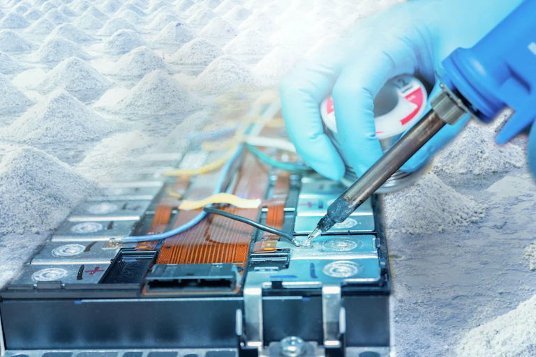 A hand soldering a battery with salt piles in the background.