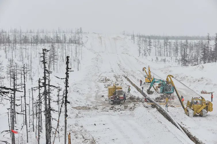 Snow, bare trees, machinery, pipeline, workers.