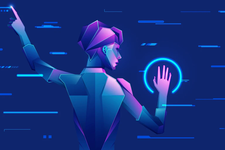Personnage à l'allure de robot qui touche un écran