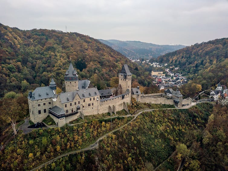 An aerial view of an ancient German castle.