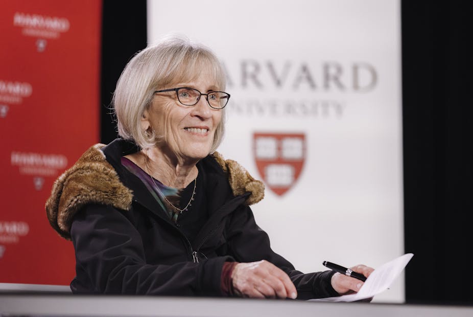 Economist Claudia Goldin smiles at a press conference held at Harvard University after she was awarded the 2023 Nobel Memorial Prize in Economic Sciences.