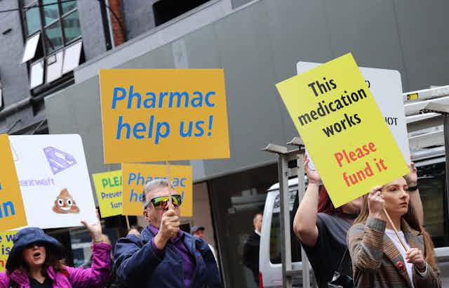 Images of a protest calling on Pharmac to fund medicines.