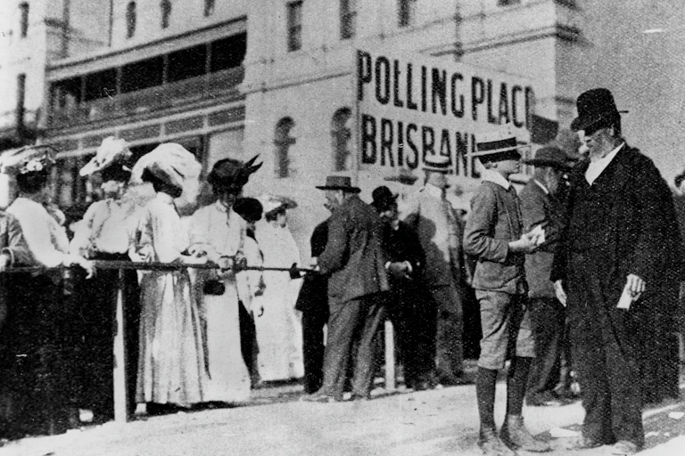 Voters outside a polling place, Brisbane, Queensland, 1907