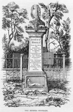 Inscription on monument reads: Sacred to the Memory of Those who fell on the memorable 3rd Dec, 1854, In resisting The Unconstitutional Proceedings of the Victorian Government.