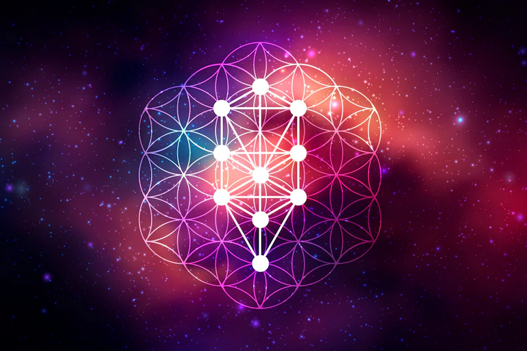 A white grid of dots set against a larger grid of interlocking circle designs, with a black and pink illustration of the cosmos behind.