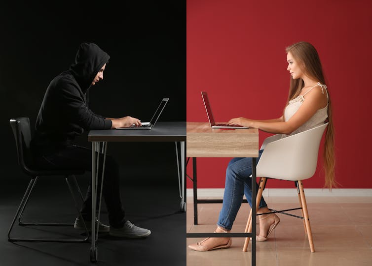 Photo illustration showing a woman and a man in different scenes, but facing each other and both on computers. The man is a shadowy figure in a dark room, suggesting that he is scamming the woman he is chatting to