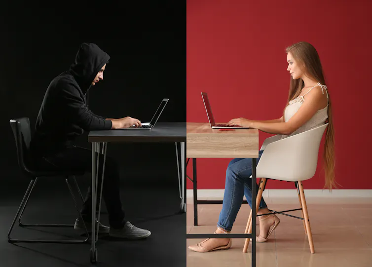 Photo illustration showing a woman and a man in different scenes, but facing each other and both on computers. The man is a shadowy figure in a dark room, suggesting that he is scamming the woman he is chatting to