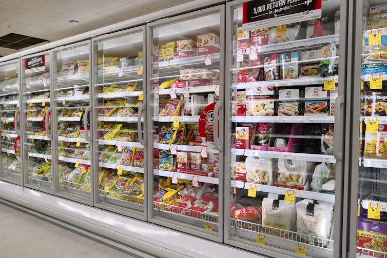 The chilled and frozen foods section of a supermarket