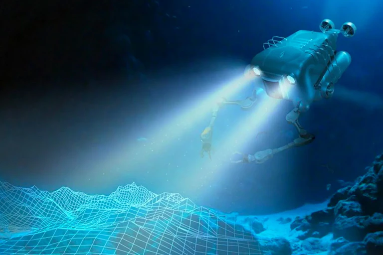 An illustration of a futuristic robotic underwater drone.