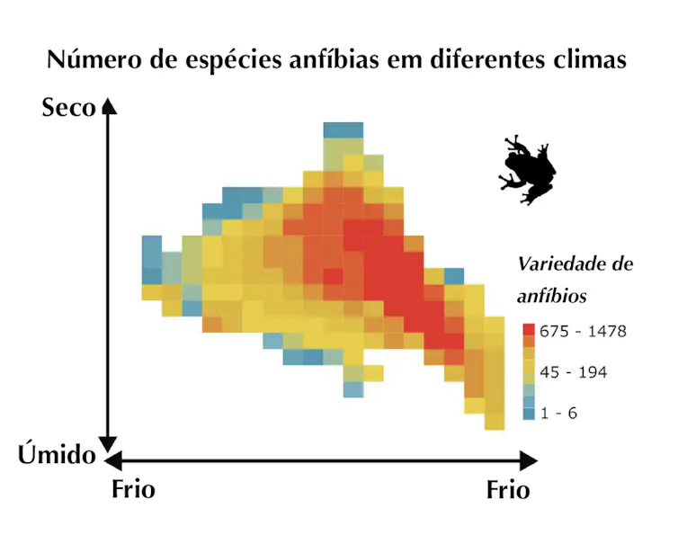 a heat map of amphibian richness along a horizontal axis from cold to warm and a vertical axis from wet to dry