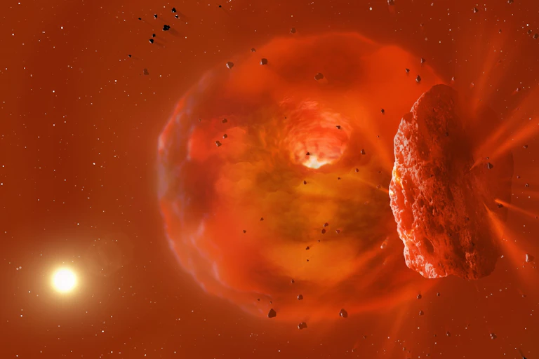 A visualisation of the huge, glowing planetary body produced by a planetary collision.