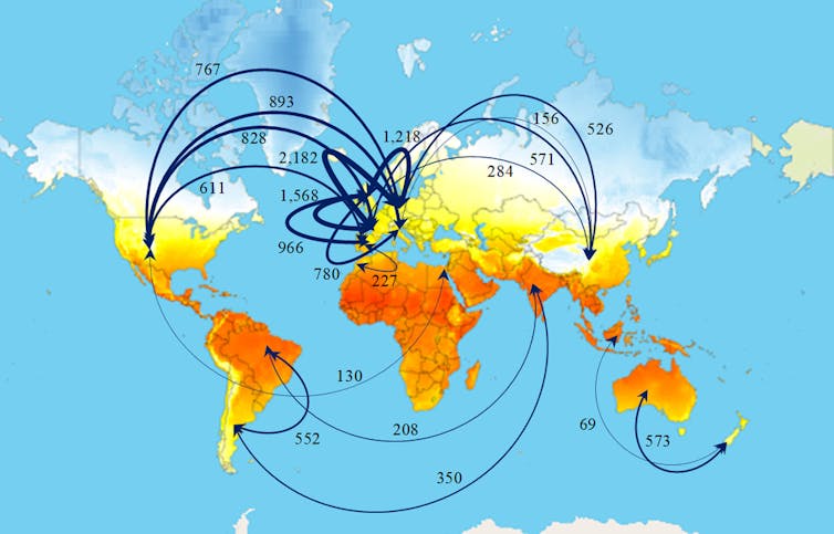 Top 20 trade routes most affected by increase in the difference between countries' temperatures