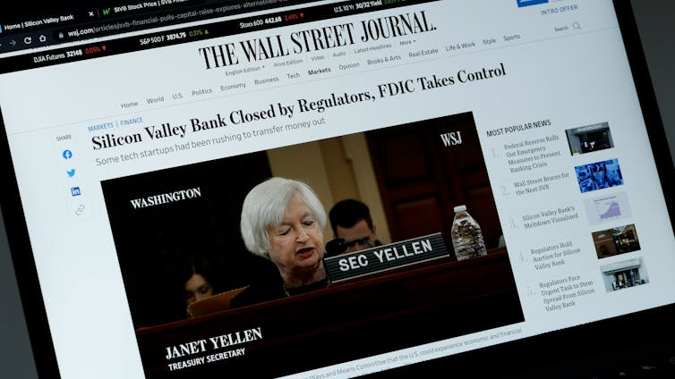 Image of Wall Street Journal homepage with headline about SVB failure and image of US treasury secretary Janet Yellen.