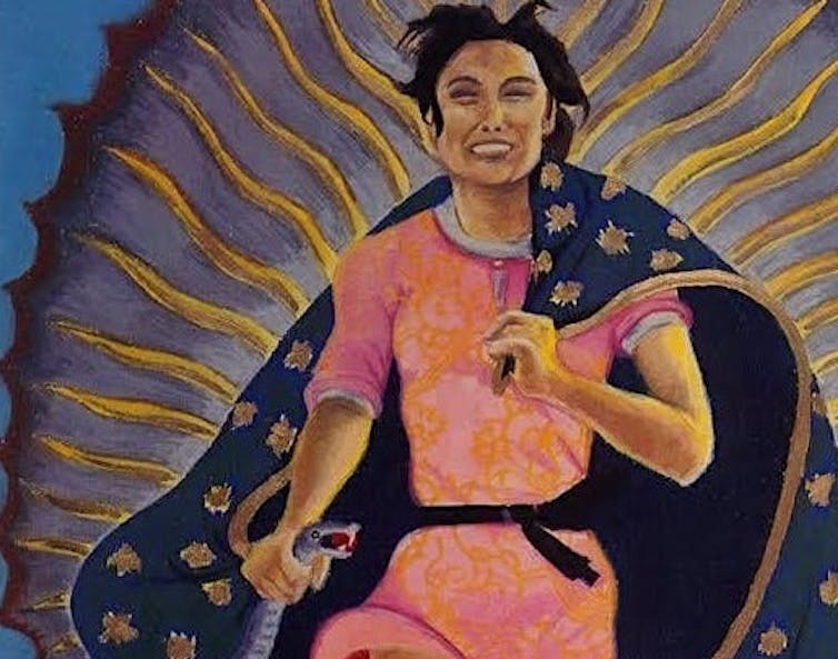 Modern painting of the Lady of Guadalupe holding a starred banner and grasping a snake. 