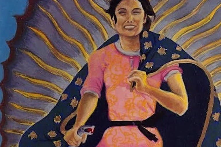 A painting of joyous woman in a star-patterned mantle, holding a snake.