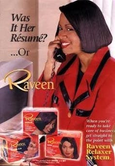 The ad shows a Black woman in a red suit jacket, holding a phone: 'Was it her resume or Raveen.'