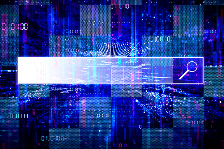 a search bar with a magnifying glass in front of a bluish background that looks digital