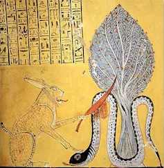 Ancient Egyptian art depicting a hare-like creature battling a snake.