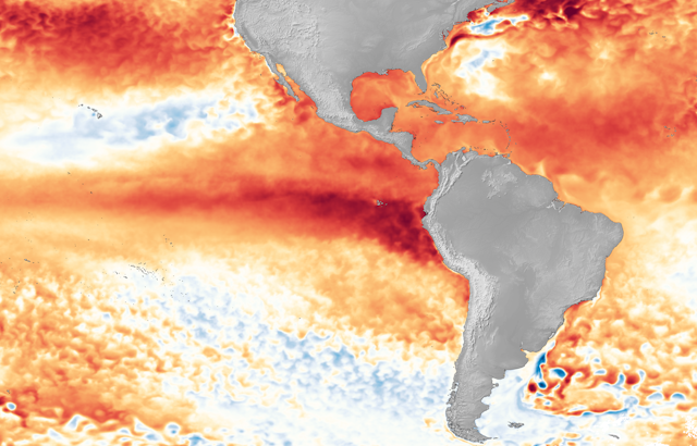 A map with a dark red streak along the equatorial Pacific, west of Ecuador, shows how monthly sea surface temperature strongly differed from long-term average (1985-1993).