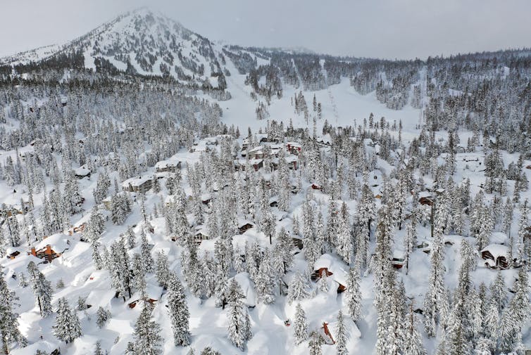 A landscape photos shows snowy mountains in the background with snow up to the roofs on homes among the pine trees.